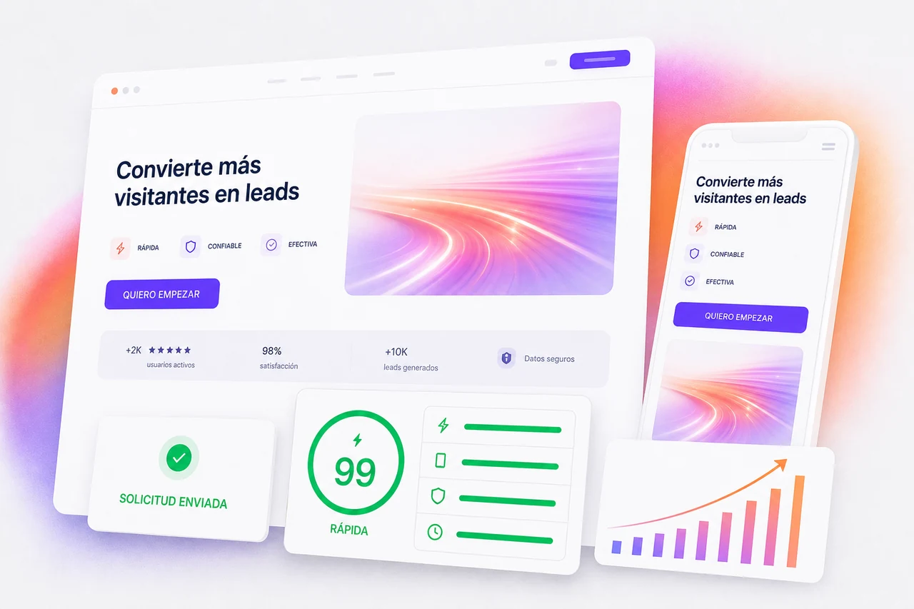 Página de conversión rápida en computadora y teléfono acompañada por métricas de rendimiento