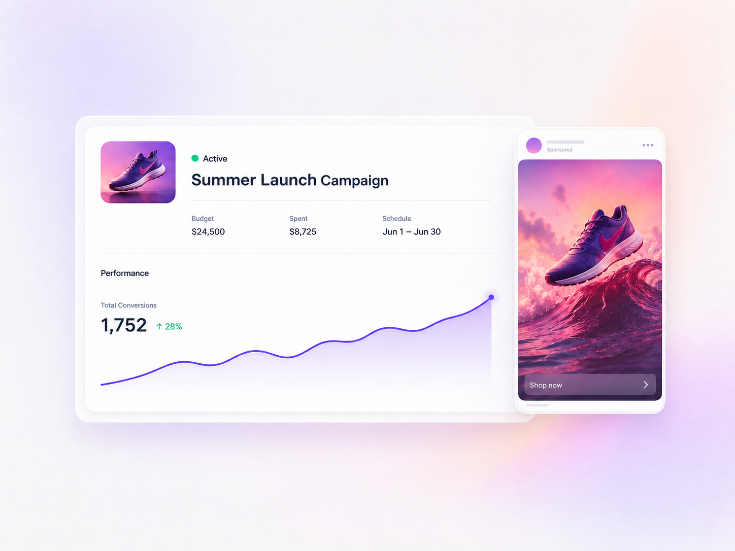 Panel de campañas digitales con anuncios, audiencias, creativos y métricas de rendimiento