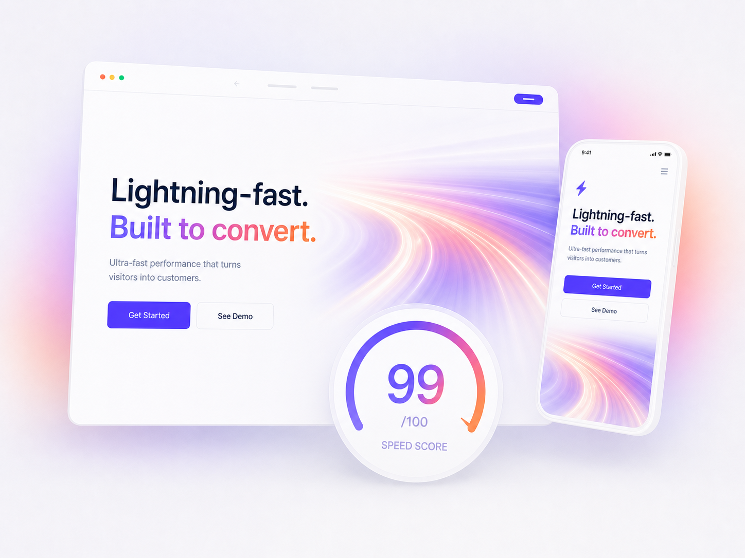 Página web rápida en escritorio y móvil con métricas de velocidad y conversión